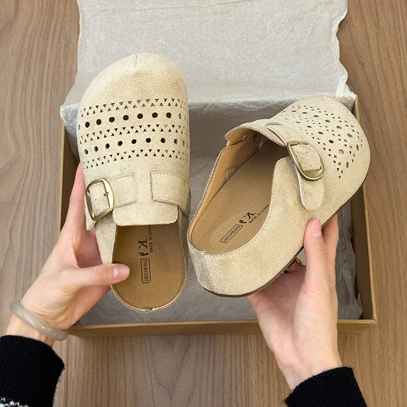 Women's Suede Perforated Buckle Clogs Mules Slides Closed Toe Slip On Breathable Flat Casual Summer Fashion Slippers Shoes Woman