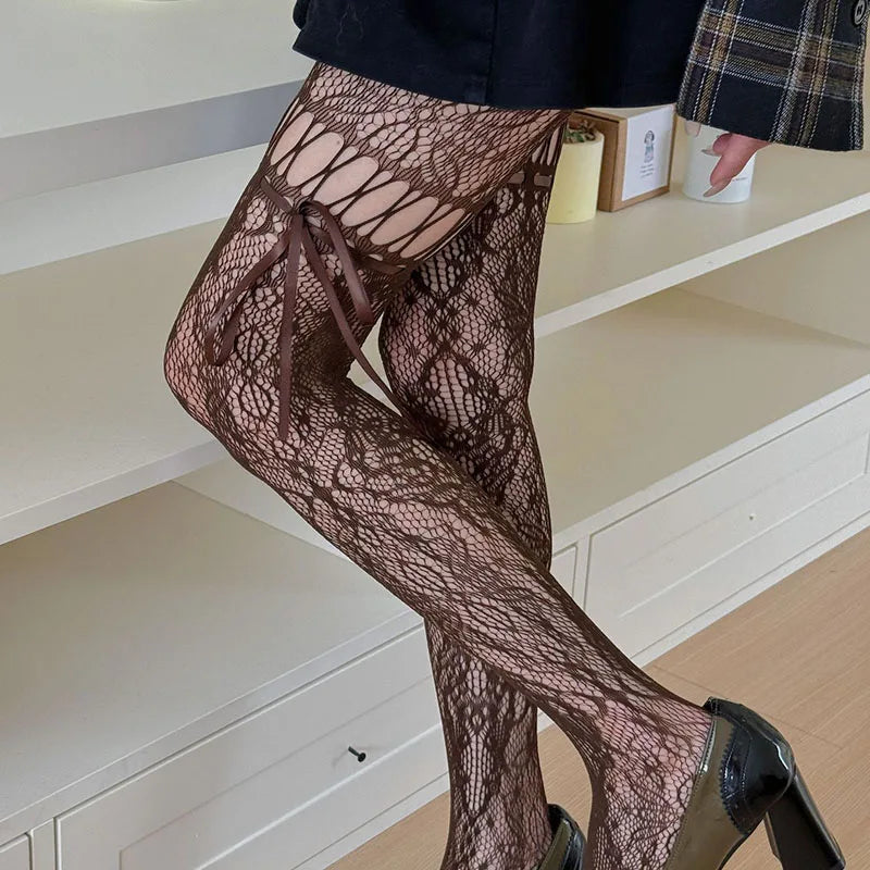 Women JK Lace Bow Tie Hollow Out Stockings Sexy Flower Bottoms Socks Women Pantyhose Tights Night Club Cosplay Party Accessories