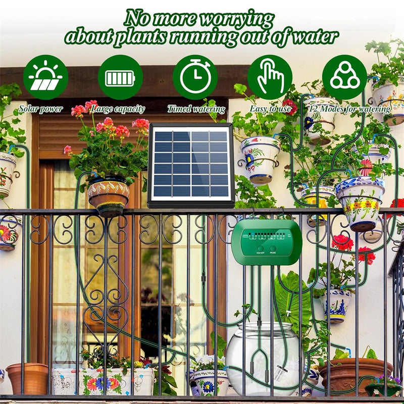 Solar Automatic Watering Kit for Garden, Drip Irrigation Watering System with 15 m Watering Hose, Balconies, Flower Pots, Plants