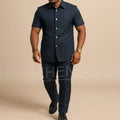 Navy Blue Striped Men Suits Chic Stand Collar Short Sleeves Wear Single Breasted Office Business Casual Male Suit 2 Piece