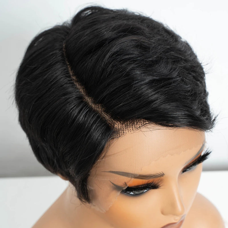 Lekker Black Short Pixie Cut 13X1 C Part Lace Front 100% Human Hair Wigs For Women Glueless Brazilian Remy Hair Straight Wigs