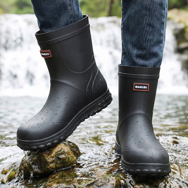 High Quality Men's Mid-Calf Rain Boots Anti-Slip Waterproof Thick Bottom Wear-Resistant Outdoor Fishing Shoes for All Seasons