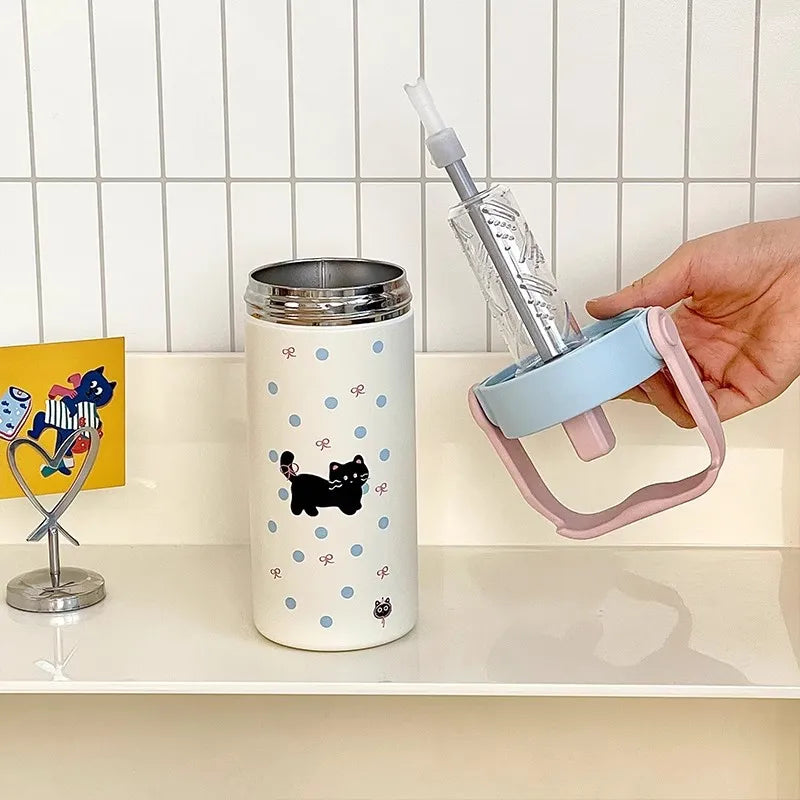 Cute Cat Thermos Mug 600ml Coffee Tea Tumbler Stainless Steel 316 Portable Thermal Water Bottle With Straw Tea Infuser Handle