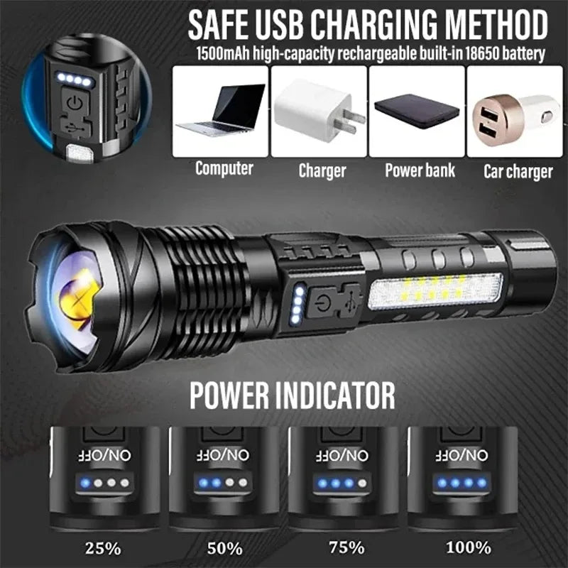 Powerful XHP50 LED Flashlight 18650 Torch Waterproof with Side Light 7 Modes USB Rechargeable Zoom Lamp for Camping Fishing