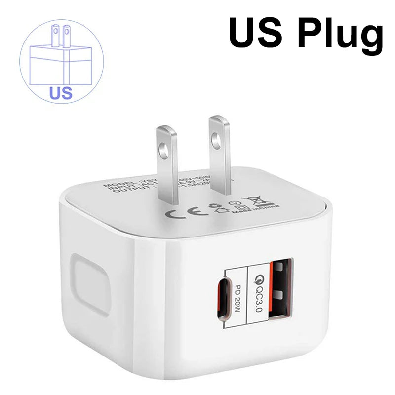 USB Type C PD 20W QC 3.0 Fast Charger Portable Wall Charger Adapter For iPhone 17 16 15 Pro Xiaomi Huawei Samsung EU US UK Plug