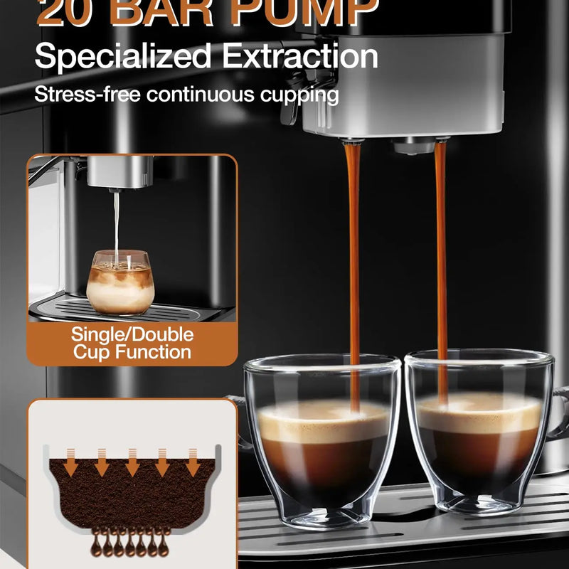 20 Bar Fully Automatic Espresso Machine With Grinder Milk Frother One-Touch 6 Recipes 1.5L Tank Self-Cleaning For Home Office