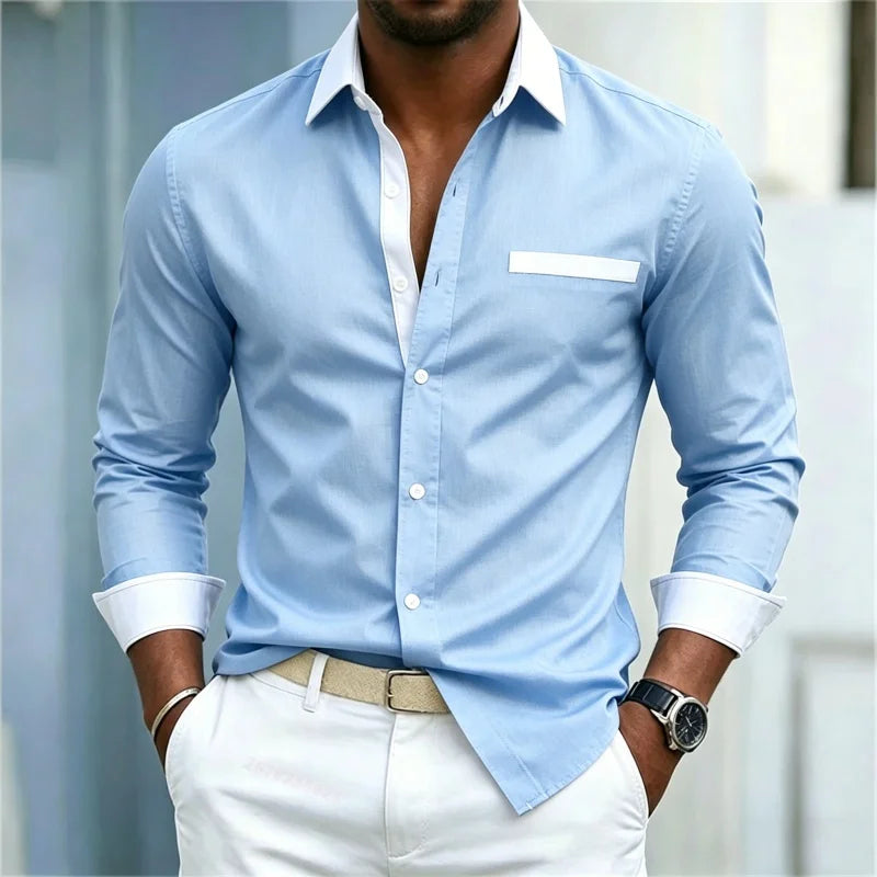 Men's shirt color blocking black and white lapel slim fit | SAMAG