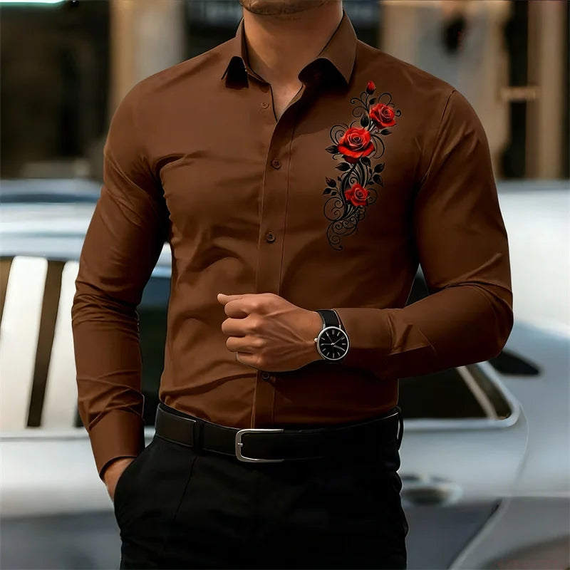 Men's Long-Sleeved Shirt, Featuring a Vintage Red Rose | SAMAG