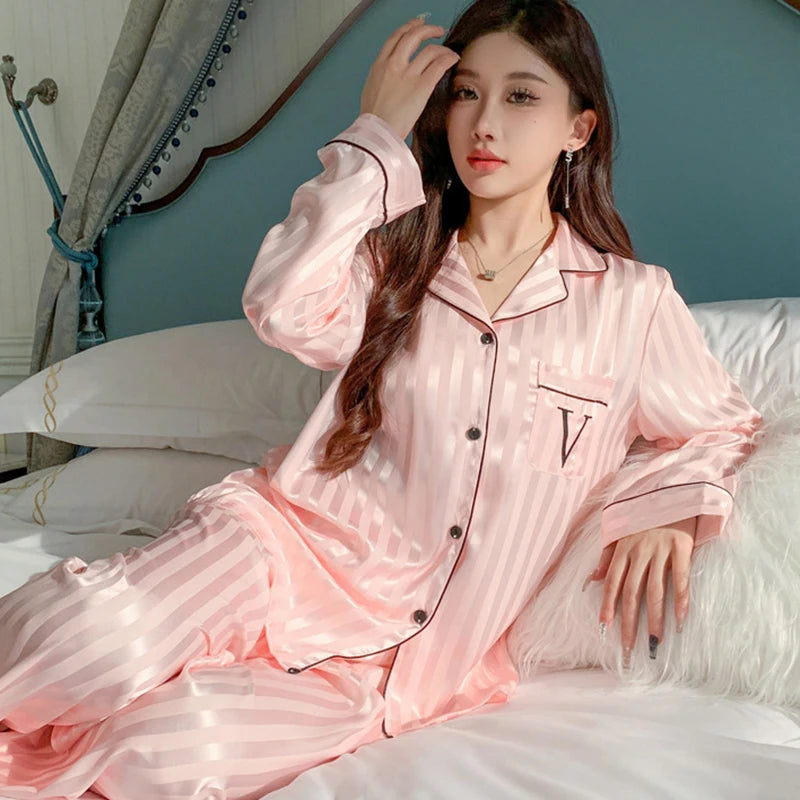 Women's Ice Silk Pajama Set Long Sleeve Pants Lightweight | SAMAG