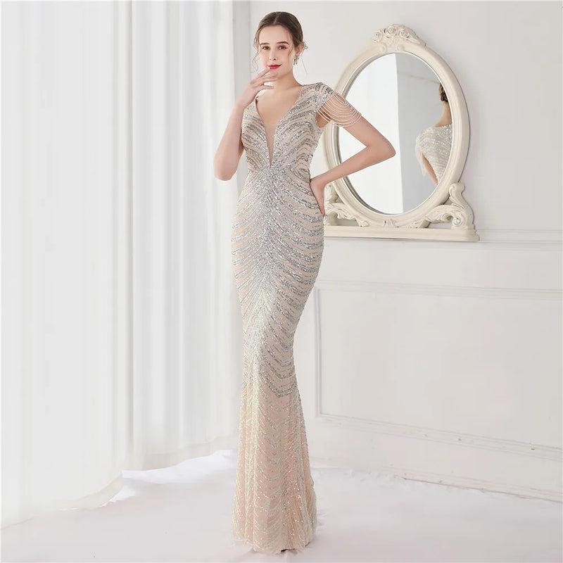 DEERVEADO Elegant V Neck Mermaid Evening Dress Long | SAMAG