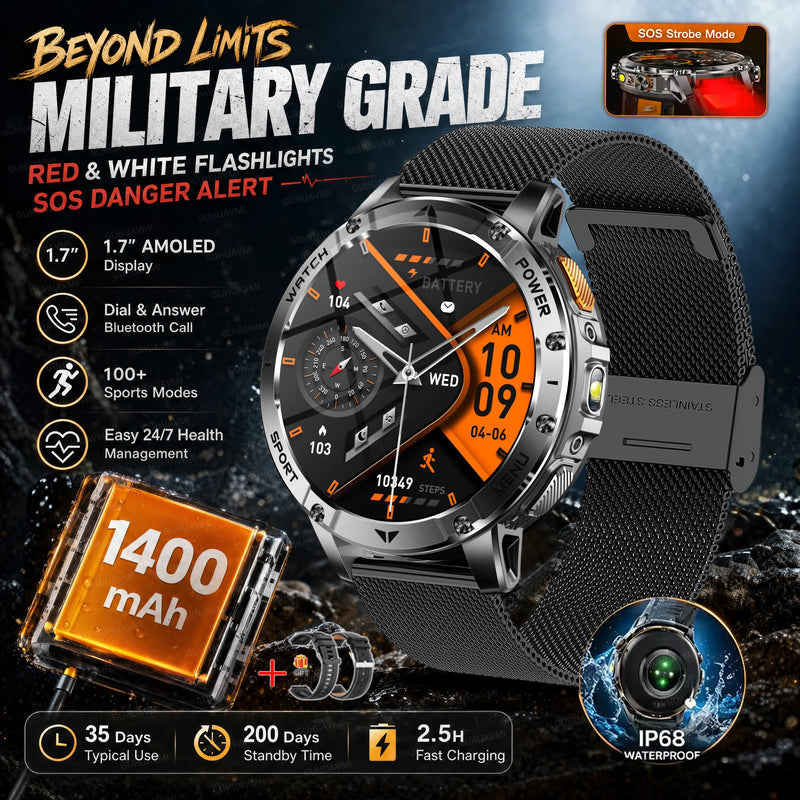 2026 New Military TANK 1400mAh Battery Smart Watch IP68 Waterproof LED Flashlight Heart Rate Sports tracker SOS Smart Watch Men