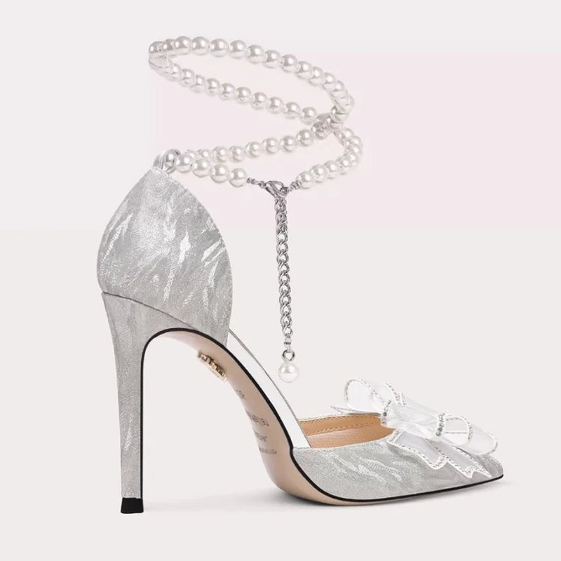 Poplular Zapatos De Mujer Bowtie Beading Embellished Sweet Women Weeding Shoes Pointed High Heels Glitter Slip-On Women Pumps