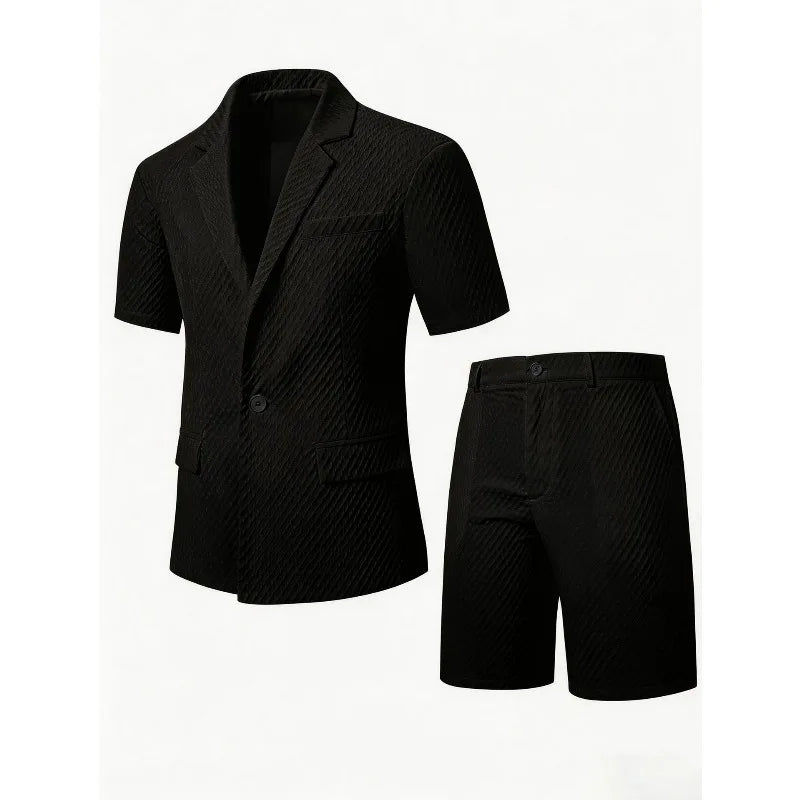 KIDWHXR Men Suit Set Summer British Style Solid Color Short Sleeve Male Outfit Slim Breathable Business Wedding Man 2-piece Suit