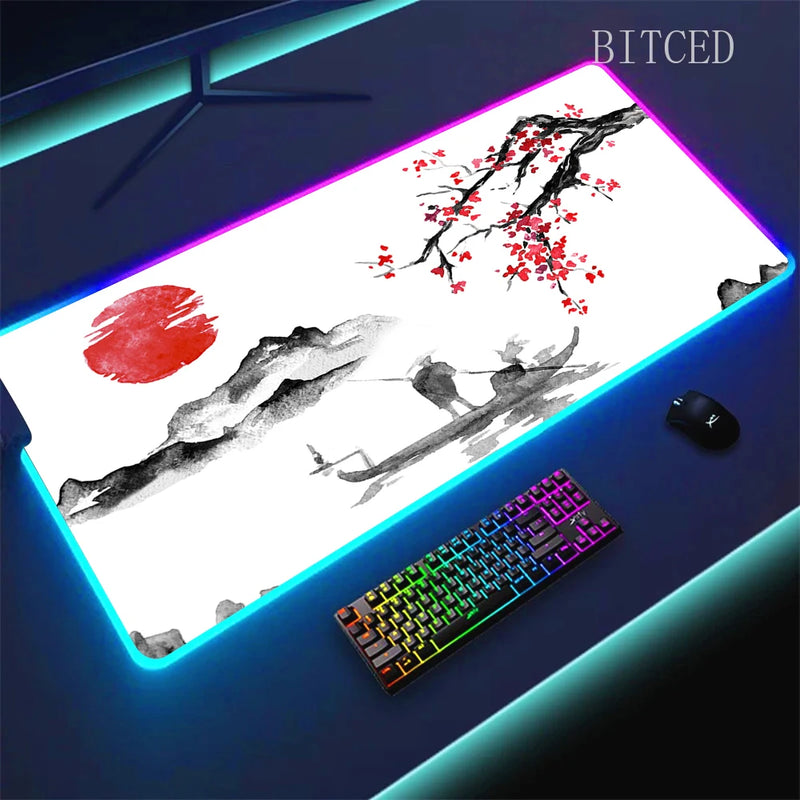 RGB Sakura Scenery  Mousepad Japan Cherry Blossom Gaming Non-slip Table Pad Glowing Keyboard Mouse Pad Laptop Mat With Backlight
