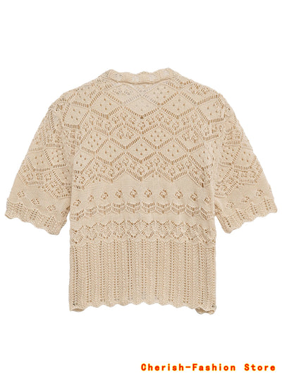 Embroidery Lace Blouse Cover Up Top Short Sleeve Button | SAMAG