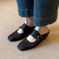 Women Woven Mules Hollow Out Leather Clogs Double Strap Buckle Wedge Slippers Vintage Closed Toe Summer Mid Heel Sandals Shoes