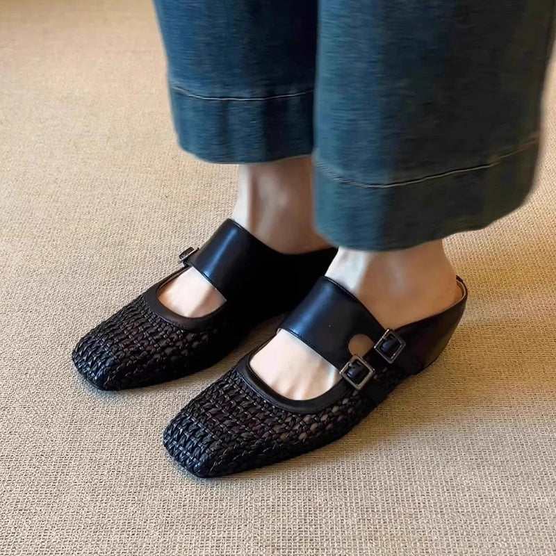 Women Woven Mules Hollow Out Leather Clogs Double Strap Buckle Wedge Slippers Vintage Closed Toe Summer Mid Heel Sandals Shoes