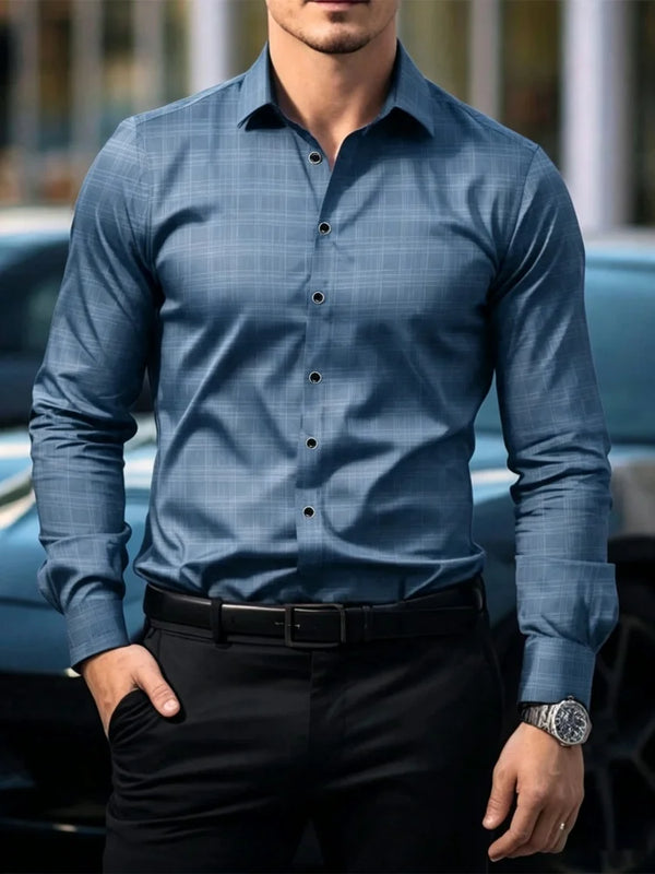 Men's dark plaid long sleeved shirt slim fit European | SAMAG