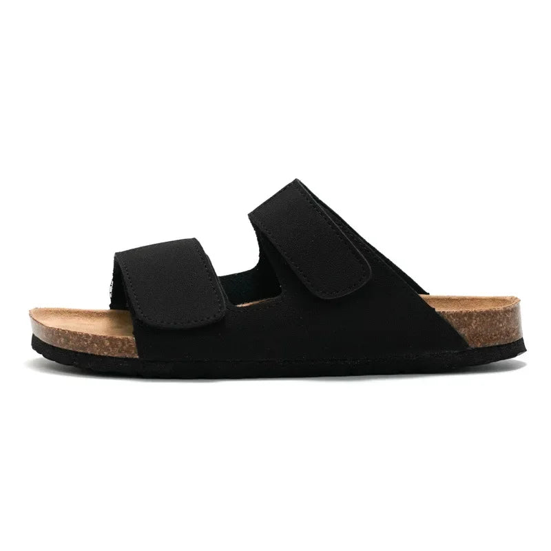 Classic Men Leather Cork Sandals Slippers Luxury Brand Design Buckle Strap Flat Sandals Slippers Shoes