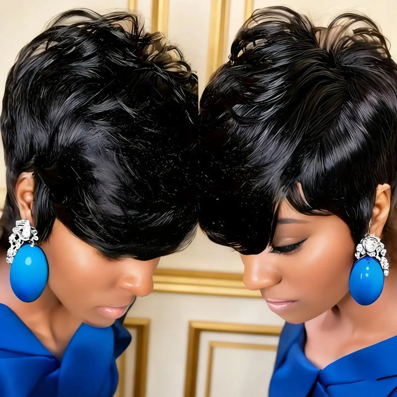 Short Bob Wig Pixie Cut Curly Human Hair Wigs For Women Natural and Brown Color Human Hair Machine Made Wig
