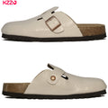 KZZO Waterproof Genuine Leather Mules for Women Non Slip Clog Shoes Outdoor Home Comfort Slip On Flat Adjustable Strap White
