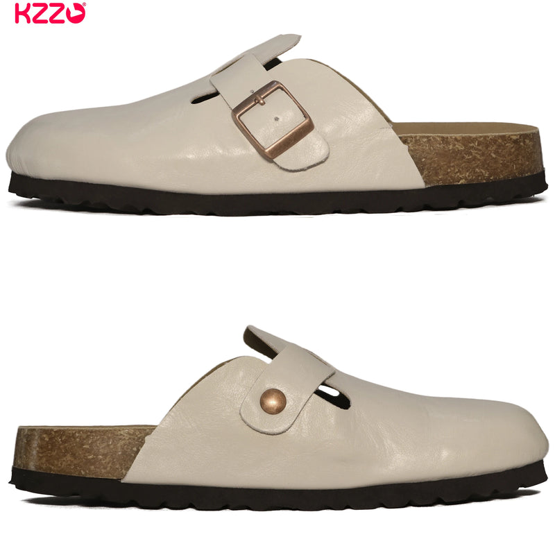 KZZO Waterproof Genuine Leather Mules for Women Non Slip Clog Shoes Outdoor Home Comfort Slip On Flat Adjustable Strap White