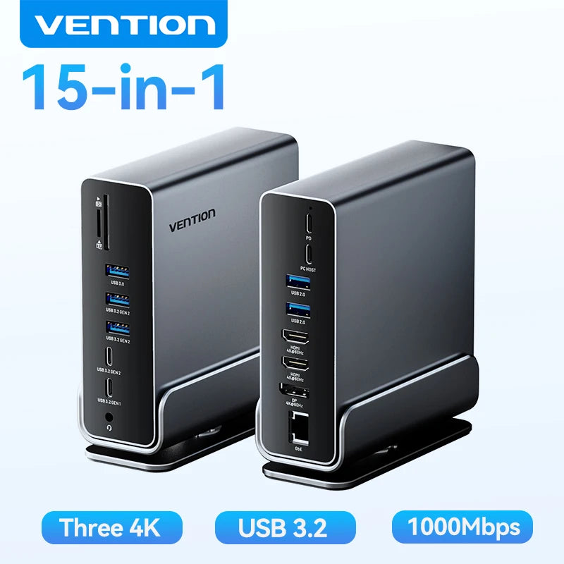 Vention 15-in-1 USB C Docking Station 4K@60Hz HDMI DP Triple Monitor  Hub USB 3.2 PD 100W Adapter for Windows MacBook HP Laptop