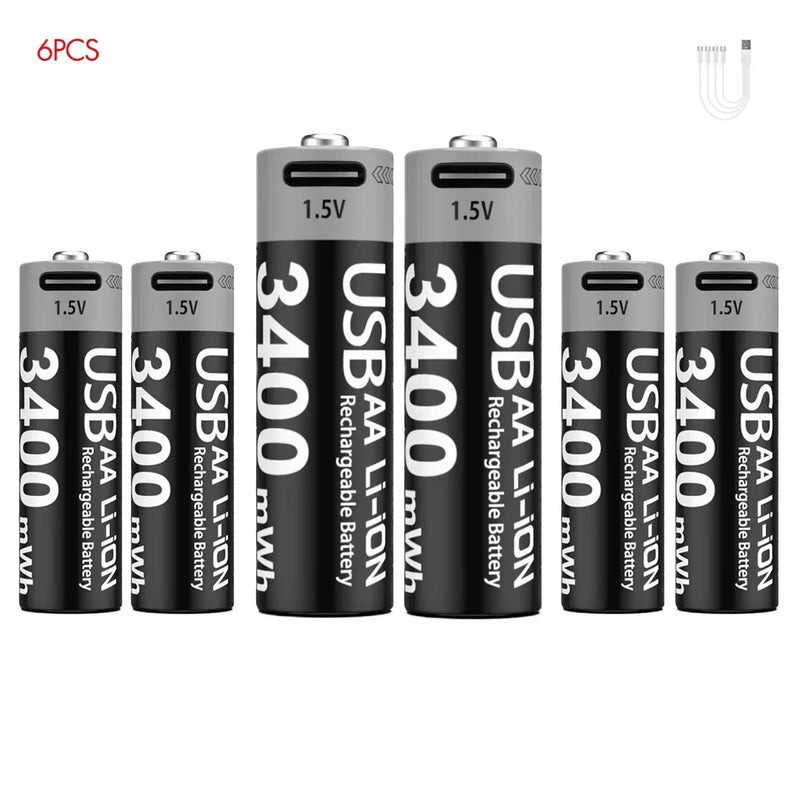 1.5V AA 3400mAh USB Type-C Rechargeable Lithium Battery for Hunting Camera Remote Control Mouse Smart Door Lock Microphone