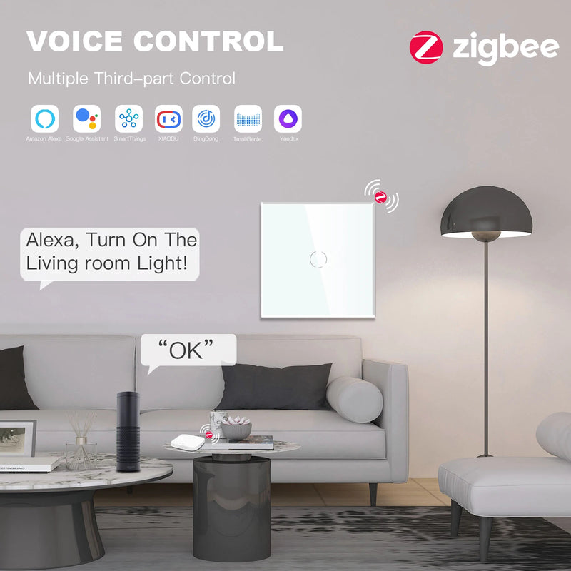 BSEED 1/2/3Gang Zigbee Touch Switch Wall Light Switch With Smart EU Socket Support Google Alexa Tuya Control No Neutral Line