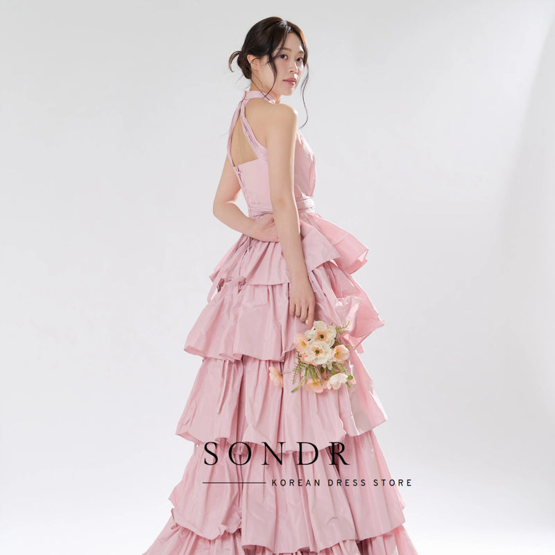 Sondr Tiered Pink Taffeta Halter Wedding Snap Dresses - View 6 | SAMAG