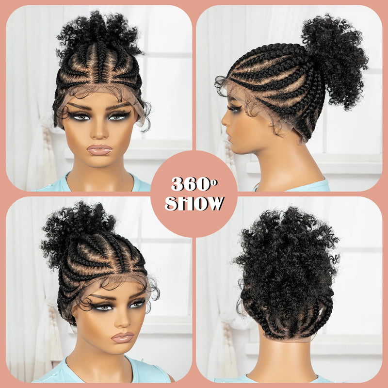 Cornrow Braided Wigs Synthetic Full Lace Braids Wig with Baby Hair Short Afro Curly Knotless Braided Lace Wig for Black Women