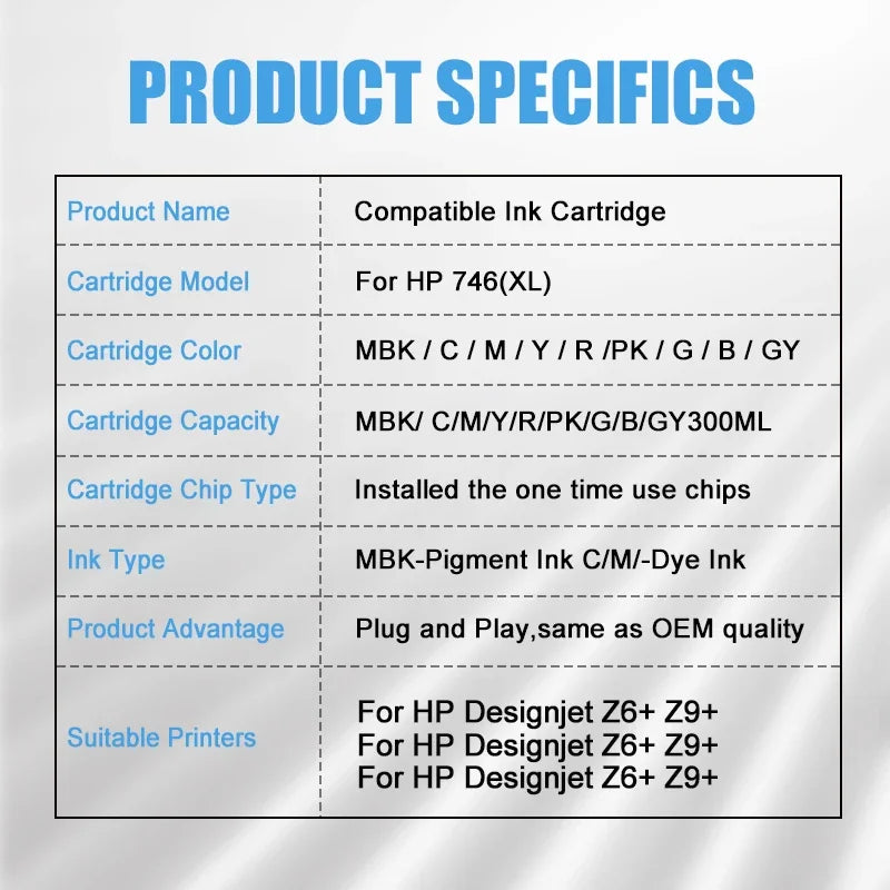 746 747 Pigment Ink Compatible Color Inkjet Ink Cartridge P2V82A P2V83A P2V80A  for HP746 for HP DesignJet Z6 Z9 Z9+ Printer