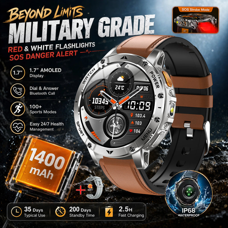 2026 New Military TANK 1400mAh Battery Smart Watch IP68 Waterproof LED Flashlight Heart Rate Sports tracker SOS Smart Watch Men
