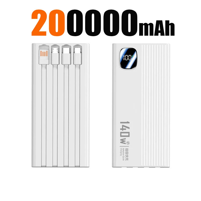 140W 200000mAh Power Bank Large Capacity 4 In1 Cables Intelligent Digital Display Light Portable Powerbank For iPhone Huawei New