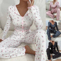 Y2K Cute Floral Ribbed Pajama Set Women's Long Sleeve V | SAMAG