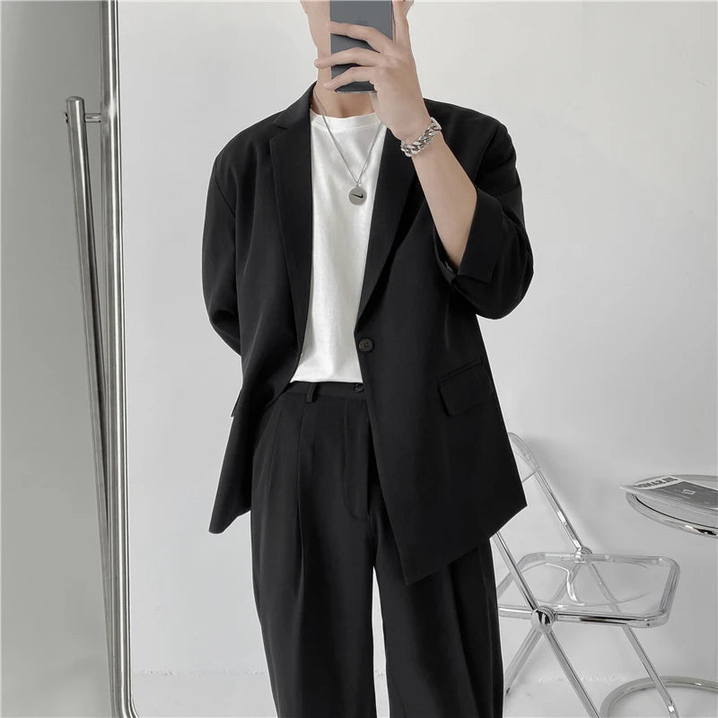 2022 Fashion Summer 2-piece Set Solid Color Single-breasted Casual Simple Student Wear Homme Loose Suits Wear (Blazers + Pants)