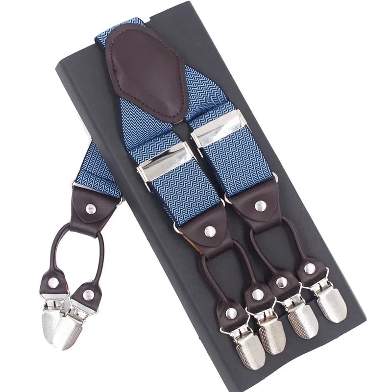 Men's Casual Fashion Leather Suspenders Adjustable High Quality Belt Strap Braces with 6 Clips