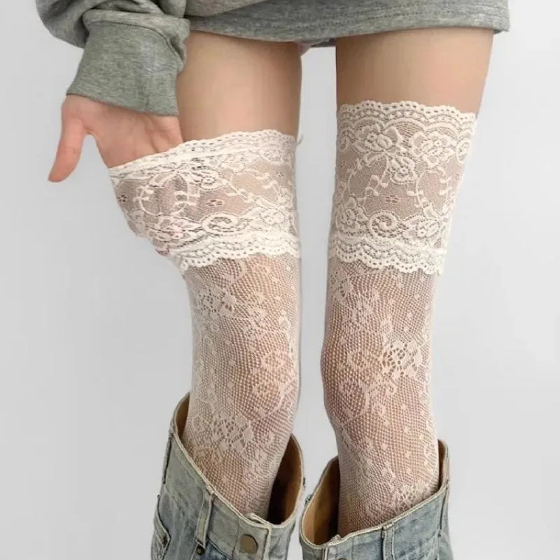 Women's Sexy Lace Floral Fishnet Stockings Costumes JK Lolita Thigh High Socks Nylon Mesh Breathable Over The Knee Stockings