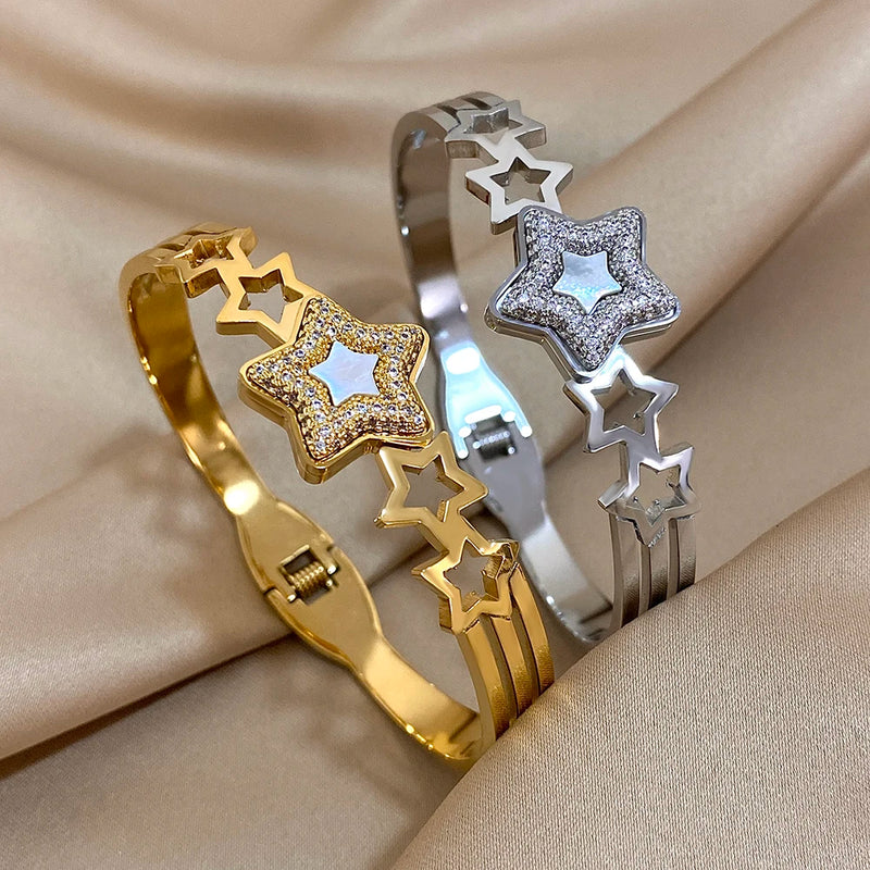 Stainless Steel Bangle Bracelet Inlay Luxury Rhinestones Gorgeous Synthetic Zirconia Geometric Oval Square Stars Shape for Women