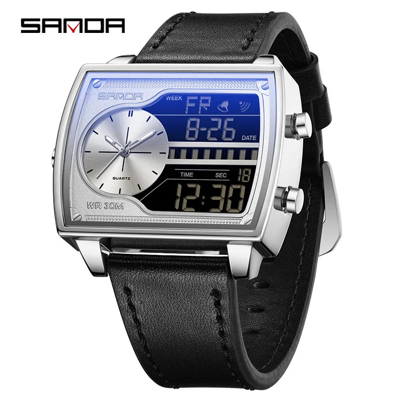 Sanda Men's Watch Fashionable Multifunctional Luminous Waterproof，Three Time Zones, Alarm Clock, Dual Display Electronic Watch