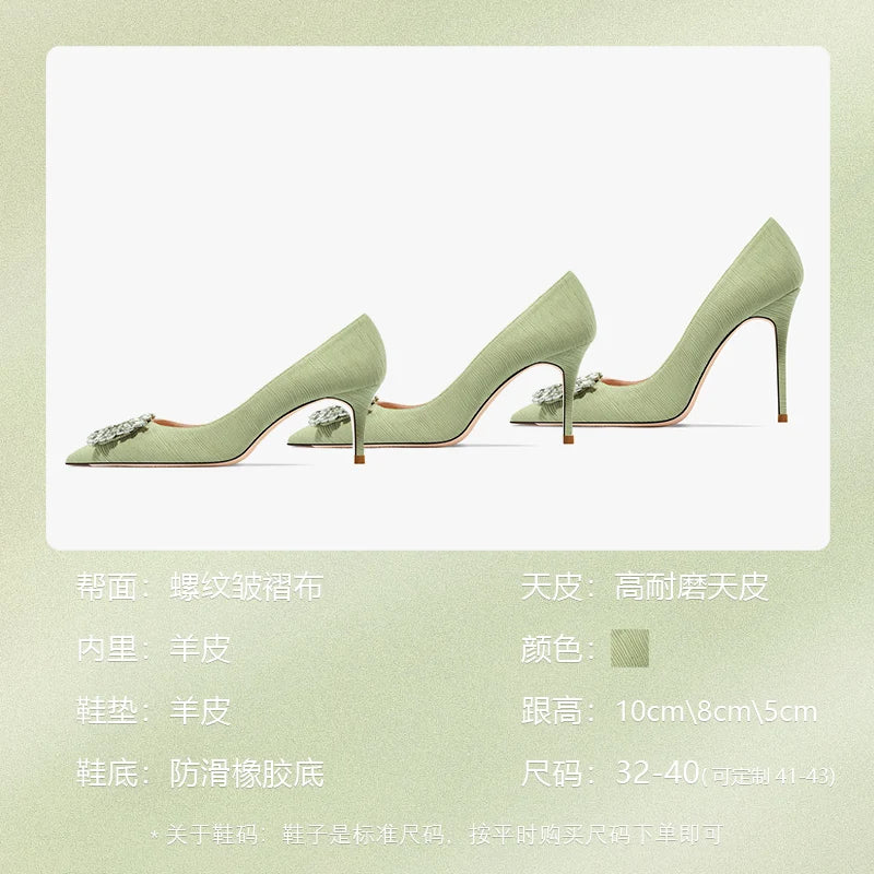 Green Luxury Women's Shoes Rhinestone Woman Pumps Star Style High Heels Shoes Fashion Pointed Buckle Ladies Prom Party Shoes