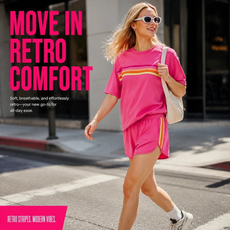 2 Piece Women's Short Set Short Sleeve Crew Neck T Shirt and Elastic Waist Shorts Retro Rainbow Striped Casual Lounge Wear Matching Outfit Relaxed Fit with Curved Hem Side Split for Streetwear Vacation Summer