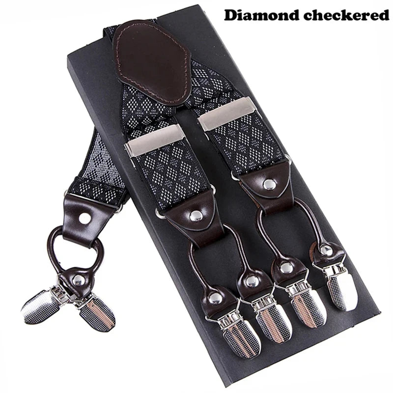 Men's Casual Fashion Leather Suspenders Adjustable High Quality Belt Strap Braces with 6 Clips