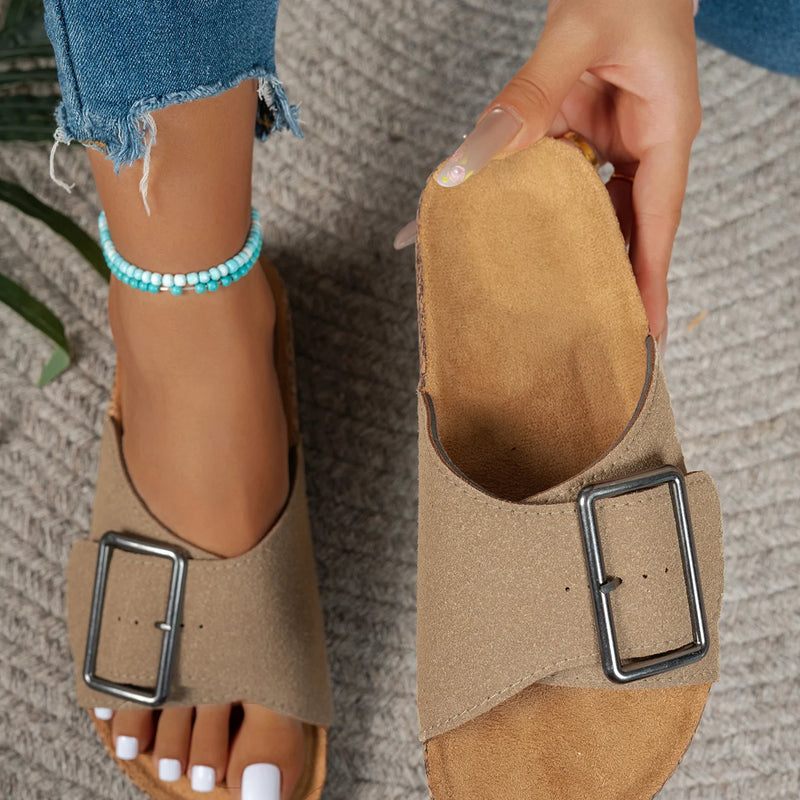 Women's Summer Spring and Autumn Casual Simple Large Buckle Suede Upper Soft Wood Grain Comfortable Flat Heel Slip-On Beach Slippers