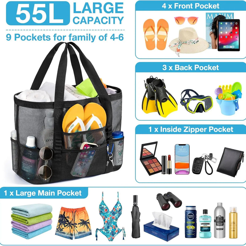 Extra Large Mesh Beach Bag, Swimming Bag for Children Beach Toy Baskets Portable Travel Storage Wash Bag Quick Dry Tote