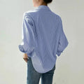 Women Spring Summer Blouses Shirts Lady Fashion Casual Long Sleeve Turn-down Blue Stripes Blusas Tops