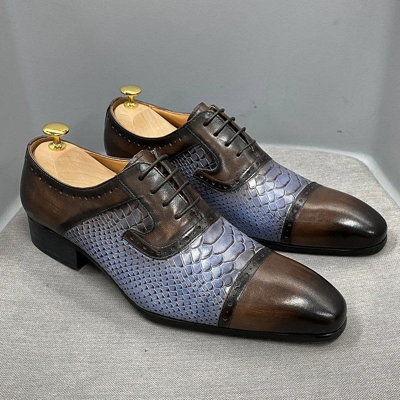 DANIEL WAFER Real Cow Leather Men's Dress Shoes Handmade Lace Up Oxford Snake Print Pointed Cap Toe Party Formal Shoes for Men