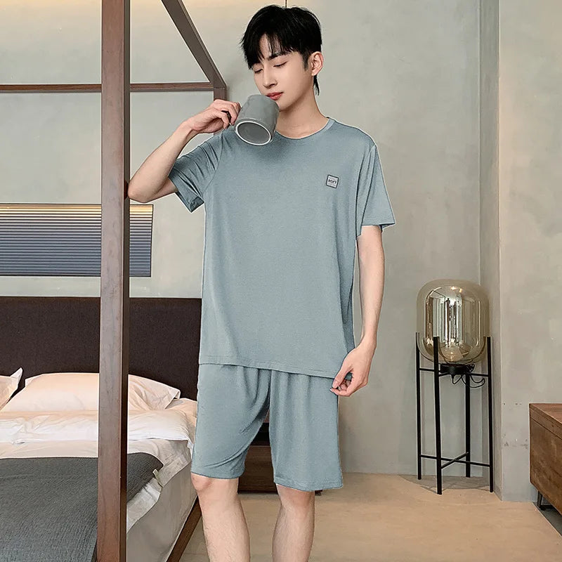 Summer New Men's Pajamas Homewear Set Men's Short-Sleeved Shorts Teenage Students Solid color Casual Pajamas Homewear Set