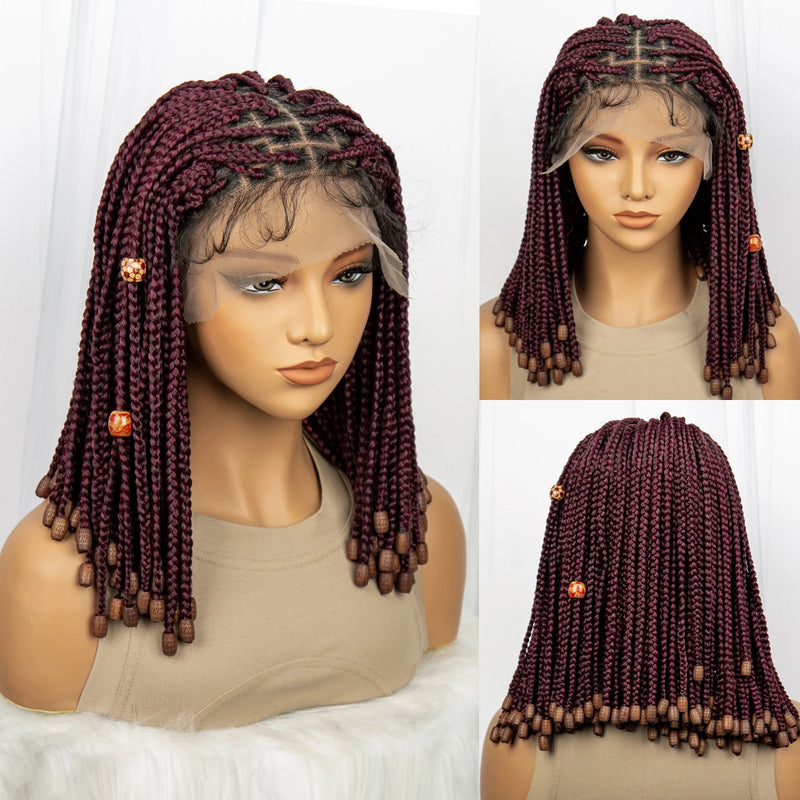 14inch Synthetic Lace Front Bob Braided Wig with Beads Short Box Braided Wigs Knotless Braided Wigs with Baby Hair for Women
