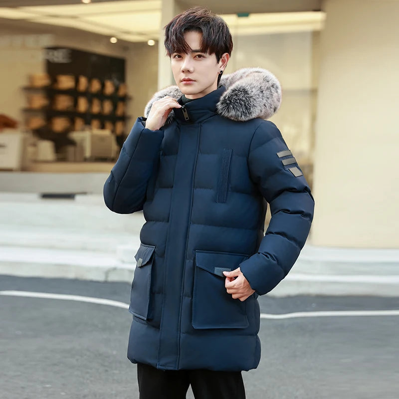 Men's Outdoor High-quality Windproof Breathable Thick Padded Down Winter Thick Windproof Warm with Hat Long Cotton Goose Down